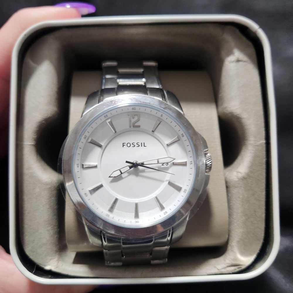 NEW Fossil Stainless Steel Silver Men's Watch - White Dial Working